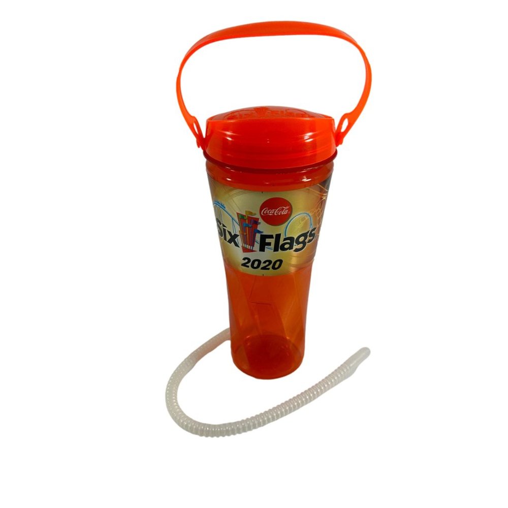 Six Flags 2022 Orange Plastic Cup Collectible Souvenir With Straw Coca Cola